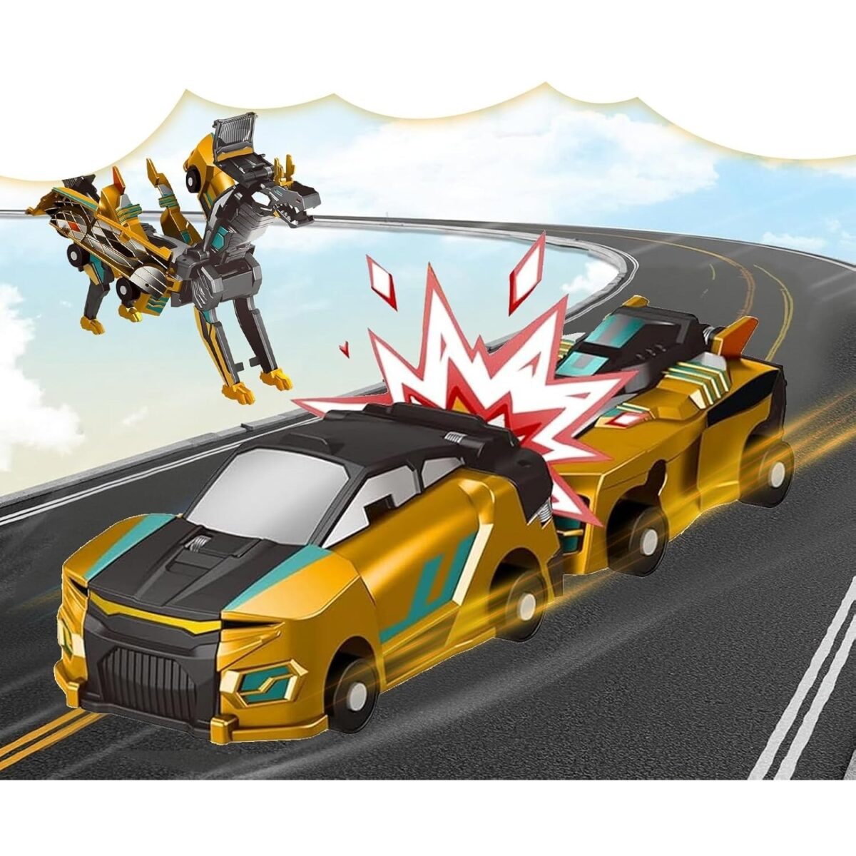 Jucarie Transformabila 2in1, Embo, Golden Wing Flying Dragon, Masina/Dragon, Atractie Magnetica, +6 Ani, din ABS, Auriu - imagine 4