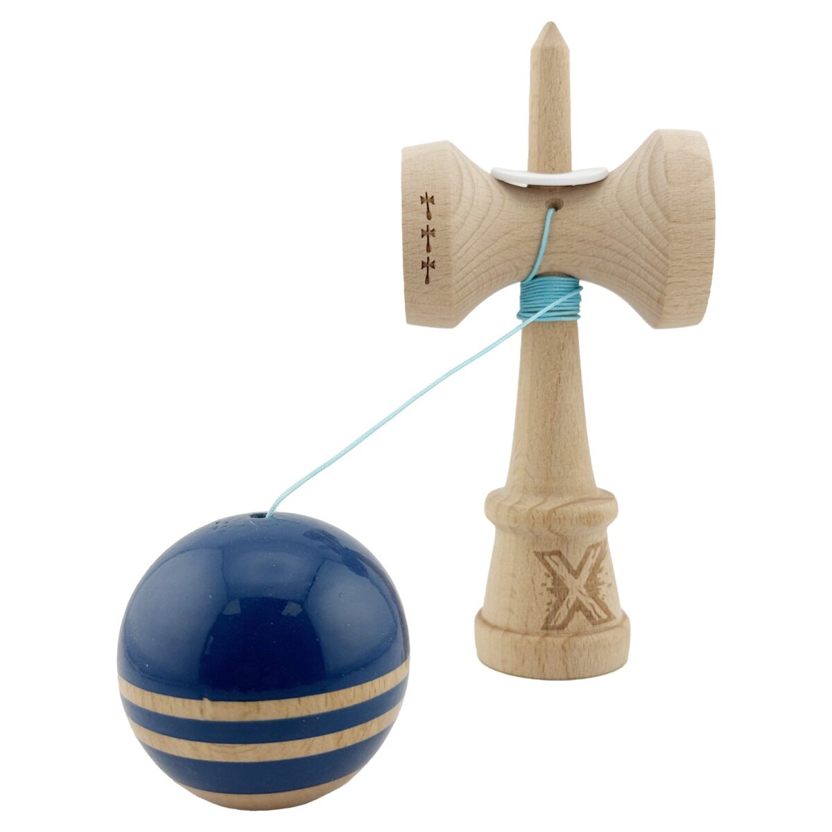 Kendama X Originala RAINBOW, Profesionala, Embo, Cupe Mari KING SIZE V3, Super Sticky, Gaura in Baza, Rulment Metalic, din lemn 18 cm, Ata 55 cm, Albastru/Maro - imagine 4