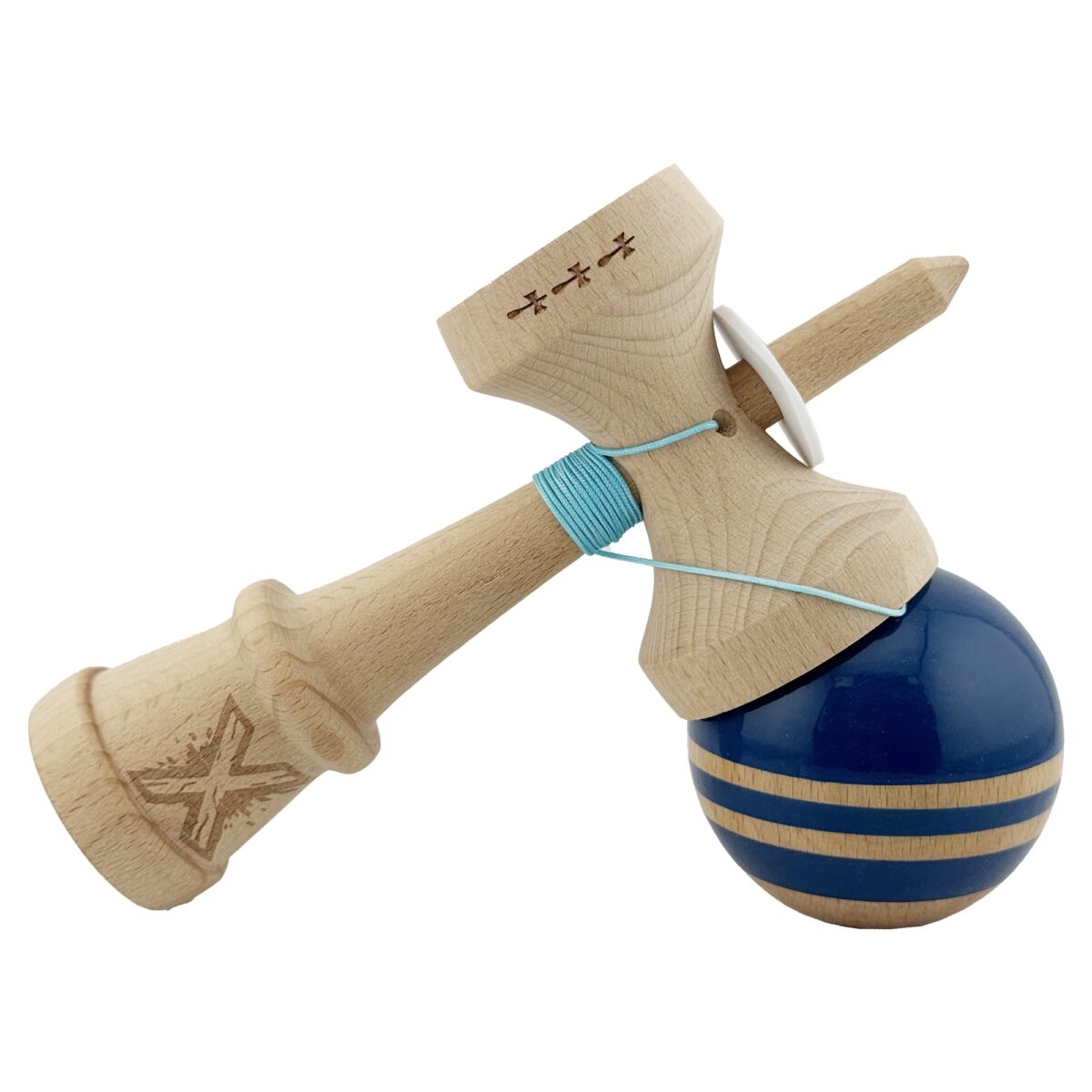 Kendama X Originala RAINBOW, Profesionala, Embo, Cupe Mari KING SIZE V3, Super Sticky, Gaura in Baza, Rulment Metalic, din lemn 18 cm, Ata 55 cm, Albastru/Maro - imagine 5