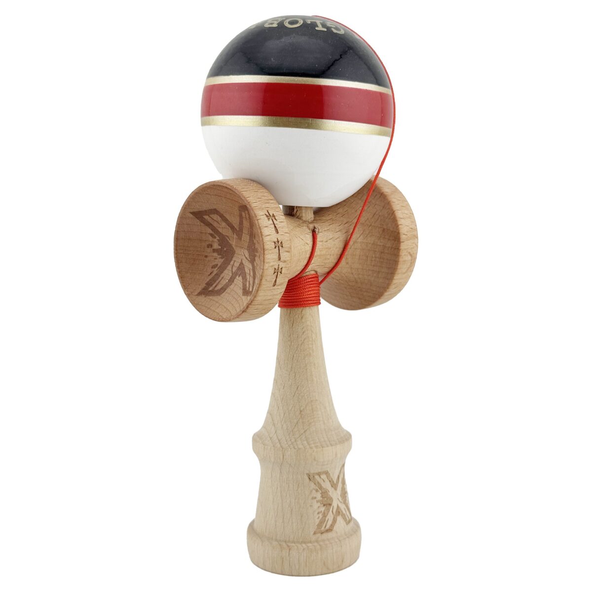 Kendama X ROYAL SPIKE Originala, Profesionala, Embo, Big Cups V2, Super Sticky cu Cupe Mari, Rulment Metalic, din lemn 18 cm, Ata 55 cm, Negru/Rosu Gold/Alb - imagine 2
