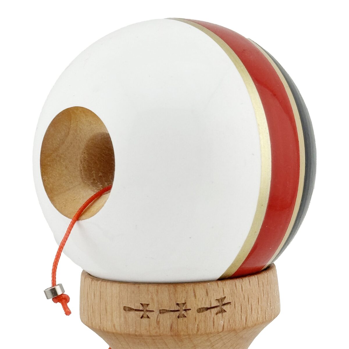Kendama X ROYAL SPIKE Originala, Profesionala, Embo, Big Cups V2, Super Sticky cu Cupe Mari, Rulment Metalic, din lemn 18 cm, Ata 55 cm, Negru/Rosu Gold/Alb - imagine 5