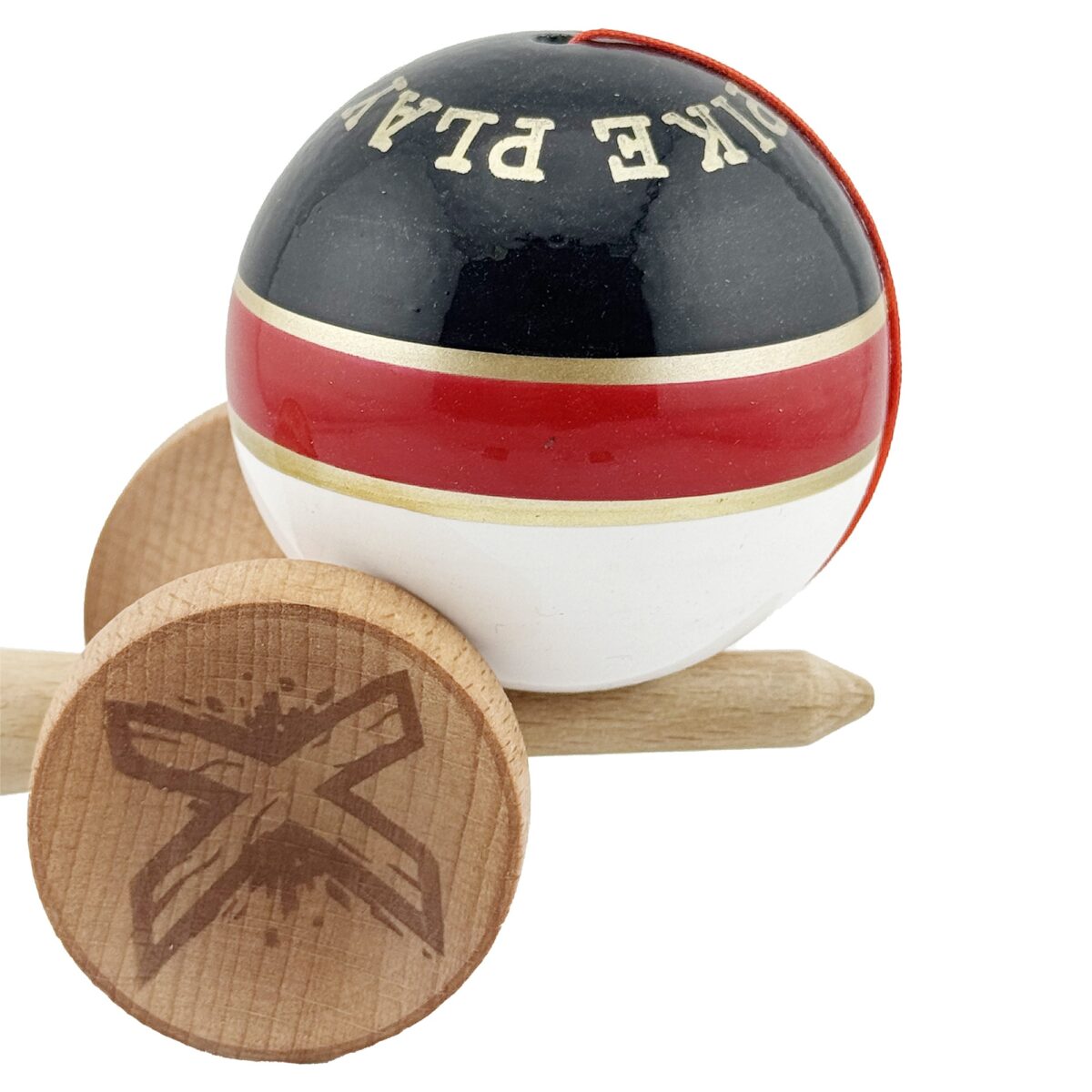 Kendama X ROYAL SPIKE Originala, Profesionala, Embo, Big Cups V2, Super Sticky cu Cupe Mari, Rulment Metalic, din lemn 18 cm, Ata 55 cm, Negru/Rosu Gold/Alb - imagine 7