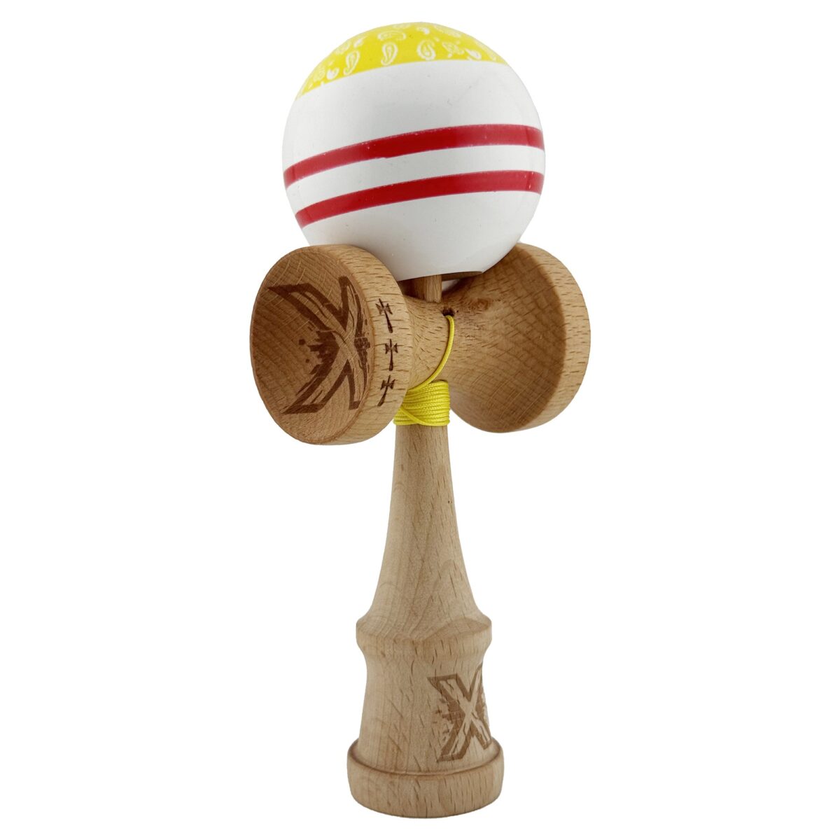 Kendama X CHICANOS Originala, Profesionala, Embo, Big Cups V2, Super Sticky cu Cupe Mari, Rulment Metalic, din lemn 18 cm, Ata 55 cm, Auriu/Alb - imagine 2