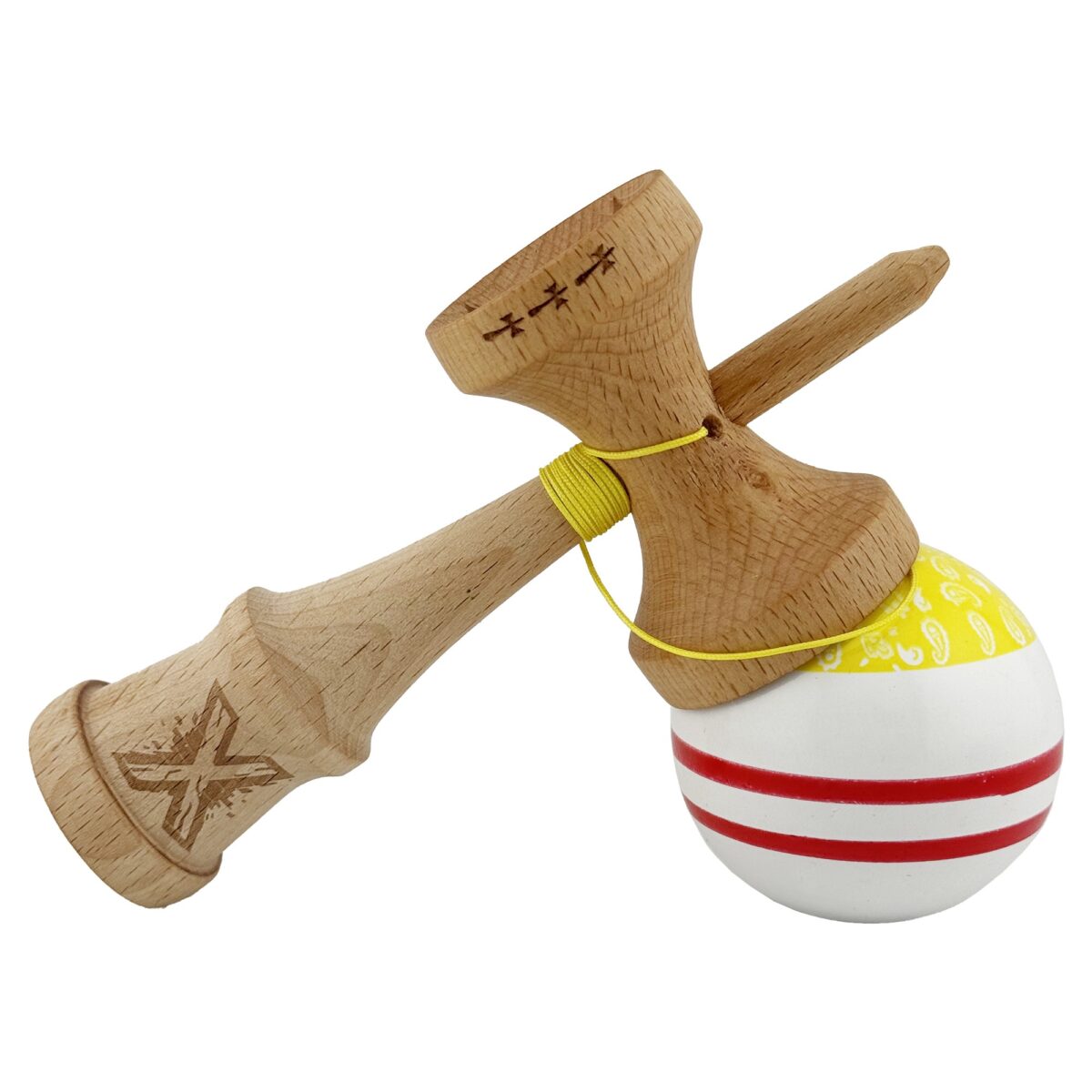 Kendama X CHICANOS Originala, Profesionala, Embo, Big Cups V2, Super Sticky cu Cupe Mari, Rulment Metalic, din lemn 18 cm, Ata 55 cm, Auriu/Alb - imagine 4