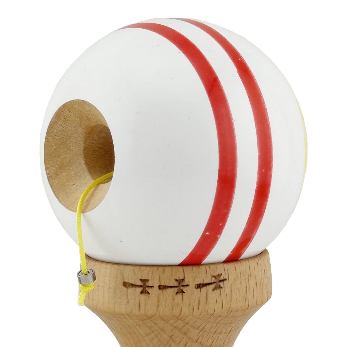 Kendama X CHICANOS Originala, Profesionala, Embo, Big Cups V2, Super Sticky cu Cupe Mari, Rulment Metalic, din lemn 18 cm, Ata 55 cm, Auriu/Alb - imagine 5