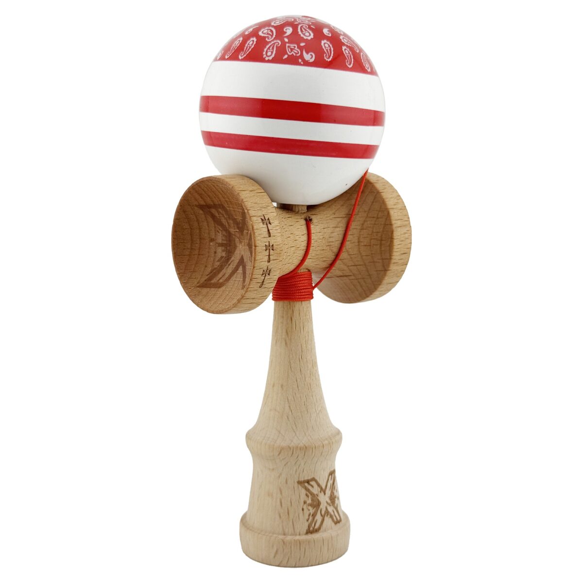 Kendama X CHICANOS Originala, Profesionala, Embo, Big Cups V2, Super Sticky cu Cupe Mari, Rulment Metalic, din lemn 18 cm, Ata 55 cm, Rosu/Alb - imagine 2