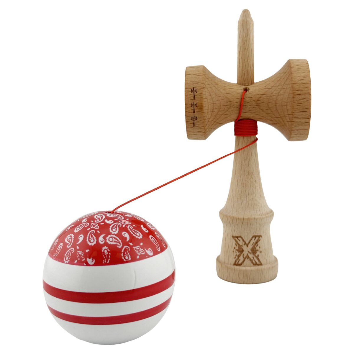 Kendama X CHICANOS Originala, Profesionala, Embo, Big Cups V2, Super Sticky cu Cupe Mari, Rulment Metalic, din lemn 18 cm, Ata 55 cm, Rosu/Alb - imagine 3