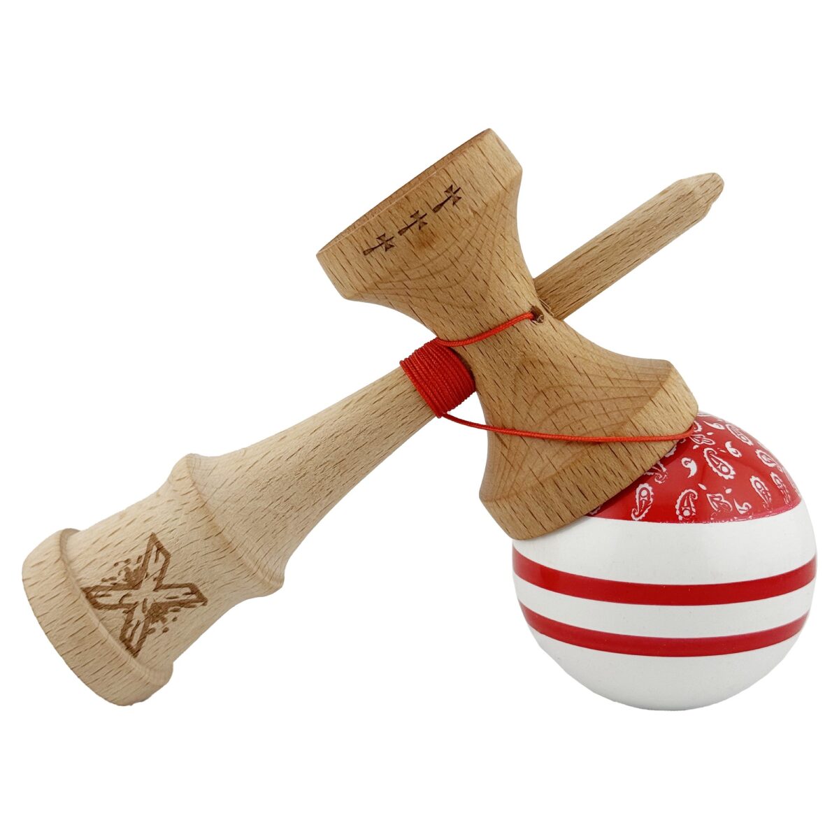 Kendama X CHICANOS Originala, Profesionala, Embo, Big Cups V2, Super Sticky cu Cupe Mari, Rulment Metalic, din lemn 18 cm, Ata 55 cm, Rosu/Alb - imagine 4