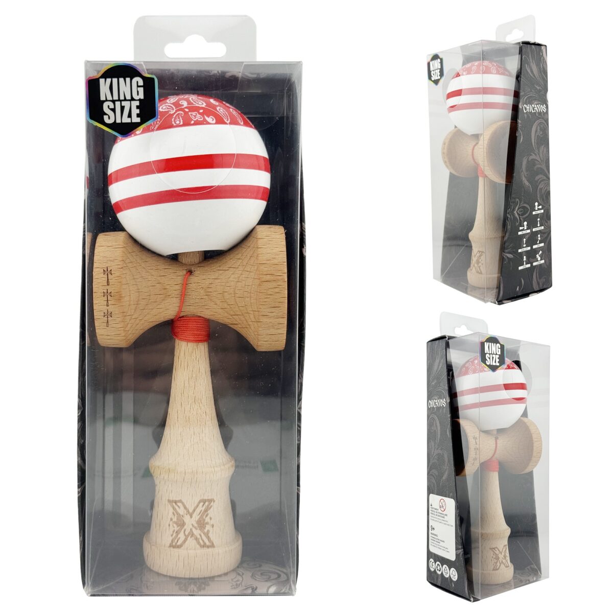 Kendama X CHICANOS Originala, Profesionala, Embo, Big Cups V2, Super Sticky cu Cupe Mari, Rulment Metalic, din lemn 18 cm, Ata 55 cm, Rosu/Alb - imagine 5