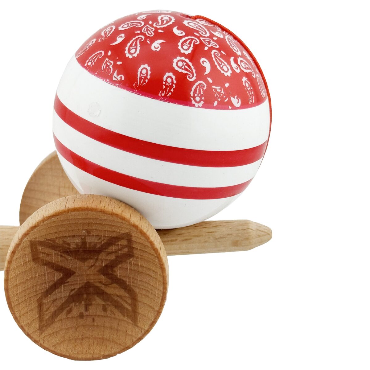 Kendama X CHICANOS Originala, Profesionala, Embo, Big Cups V2, Super Sticky cu Cupe Mari, Rulment Metalic, din lemn 18 cm, Ata 55 cm, Rosu/Alb - imagine 8