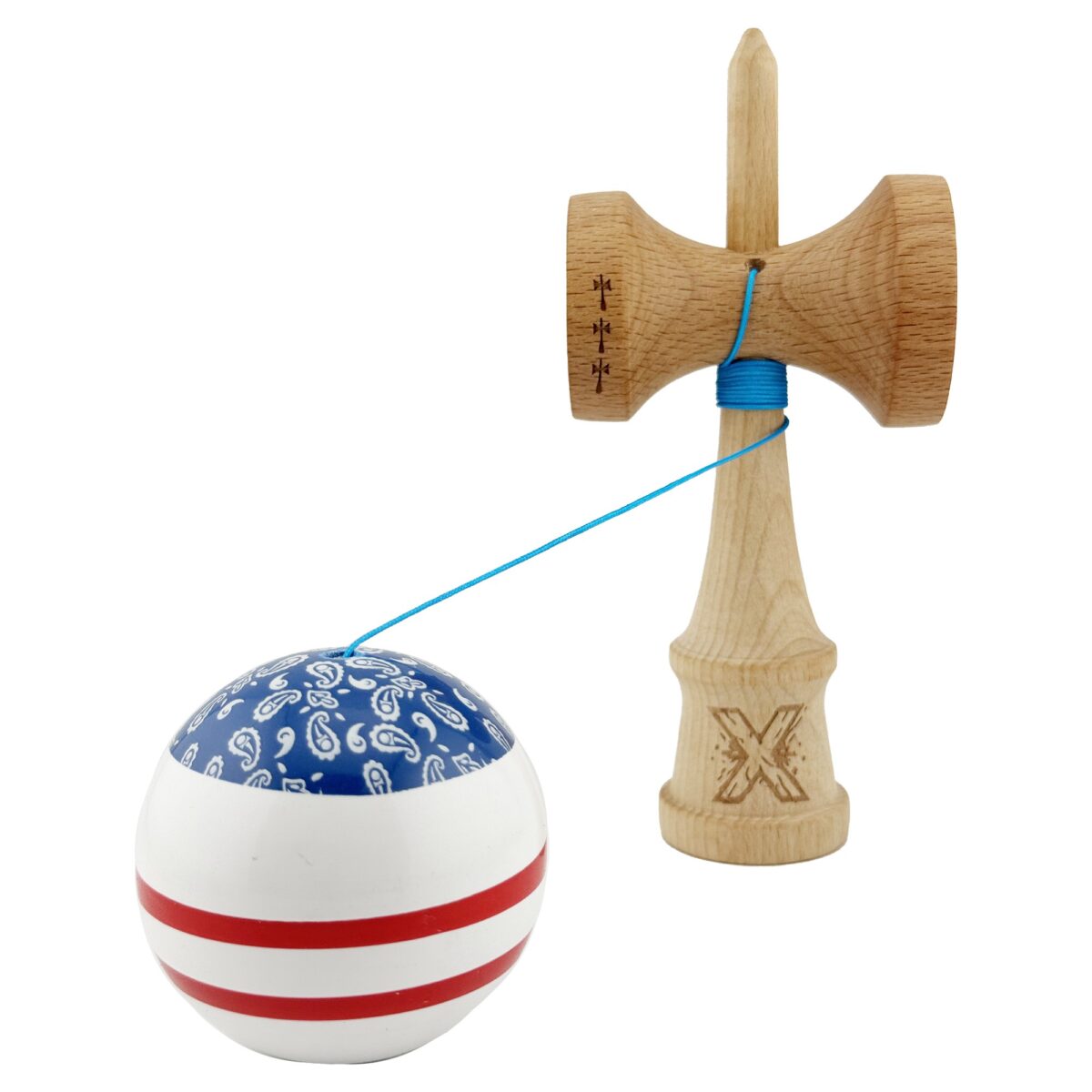 Kendama X CHICANOS Originala, Profesionala, Embo, Big Cups V2, Super Sticky cu Cupe Mari, Rulment Metalic, din lemn 18 cm, Ata 55 cm, Albastru/Alb - imagine 3