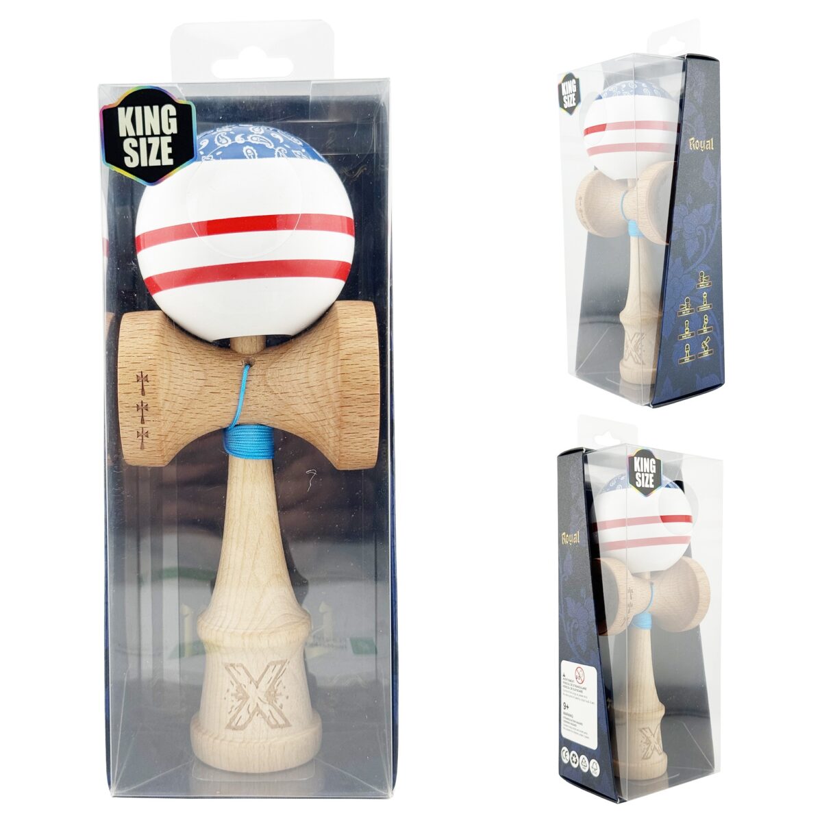 Kendama X CHICANOS Originala, Profesionala, Embo, Big Cups V2, Super Sticky cu Cupe Mari, Rulment Metalic, din lemn 18 cm, Ata 55 cm, Albastru/Alb - imagine 5