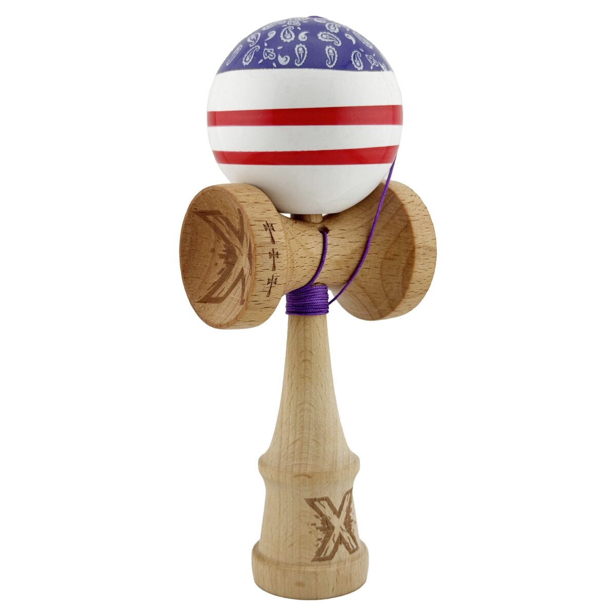 Kendama X CHICANOS Originala, Profesionala, Embo, Big Cups V2, Super Sticky cu Cupe Mari, Rulment Metalic, din lemn 18 cm, Ata 55 cm, Violet/Alb - imagine 2
