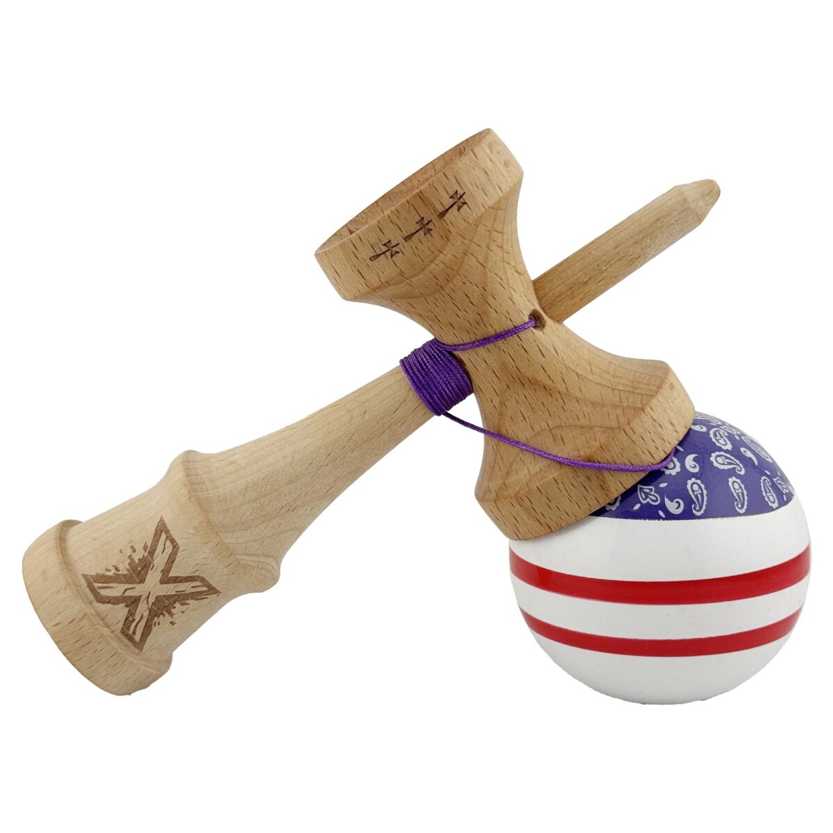 Kendama X CHICANOS Originala, Profesionala, Embo, Big Cups V2, Super Sticky cu Cupe Mari, Rulment Metalic, din lemn 18 cm, Ata 55 cm, Violet/Alb - imagine 4