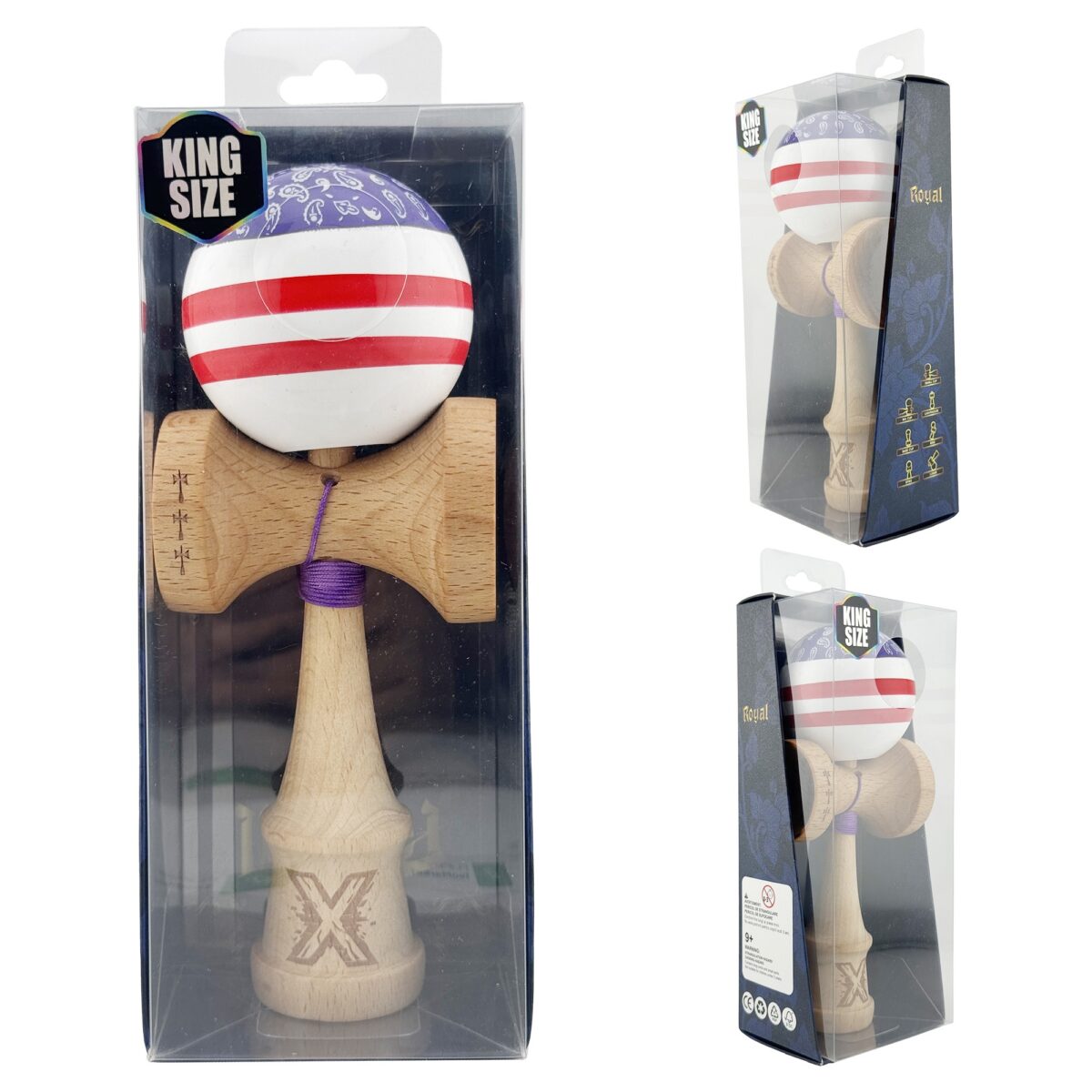 Kendama X CHICANOS Originala, Profesionala, Embo, Big Cups V2, Super Sticky cu Cupe Mari, Rulment Metalic, din lemn 18 cm, Ata 55 cm, Violet/Alb - imagine 5