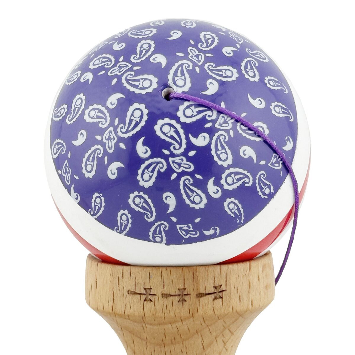 Kendama X CHICANOS Originala, Profesionala, Embo, Big Cups V2, Super Sticky cu Cupe Mari, Rulment Metalic, din lemn 18 cm, Ata 55 cm, Violet/Alb - imagine 9