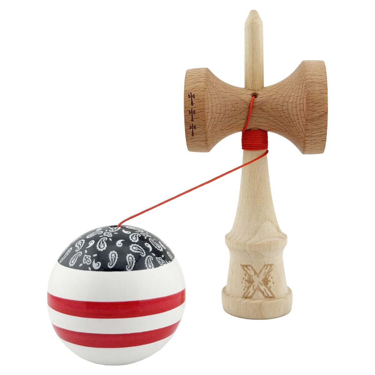 Kendama X CHICANOS Originala, Profesionala, Embo, Big Cups V2, Super Sticky cu Cupe Mari, Rulment Metalic, din lemn 18 cm, Ata 55 cm, Negru/Alb - imagine 3