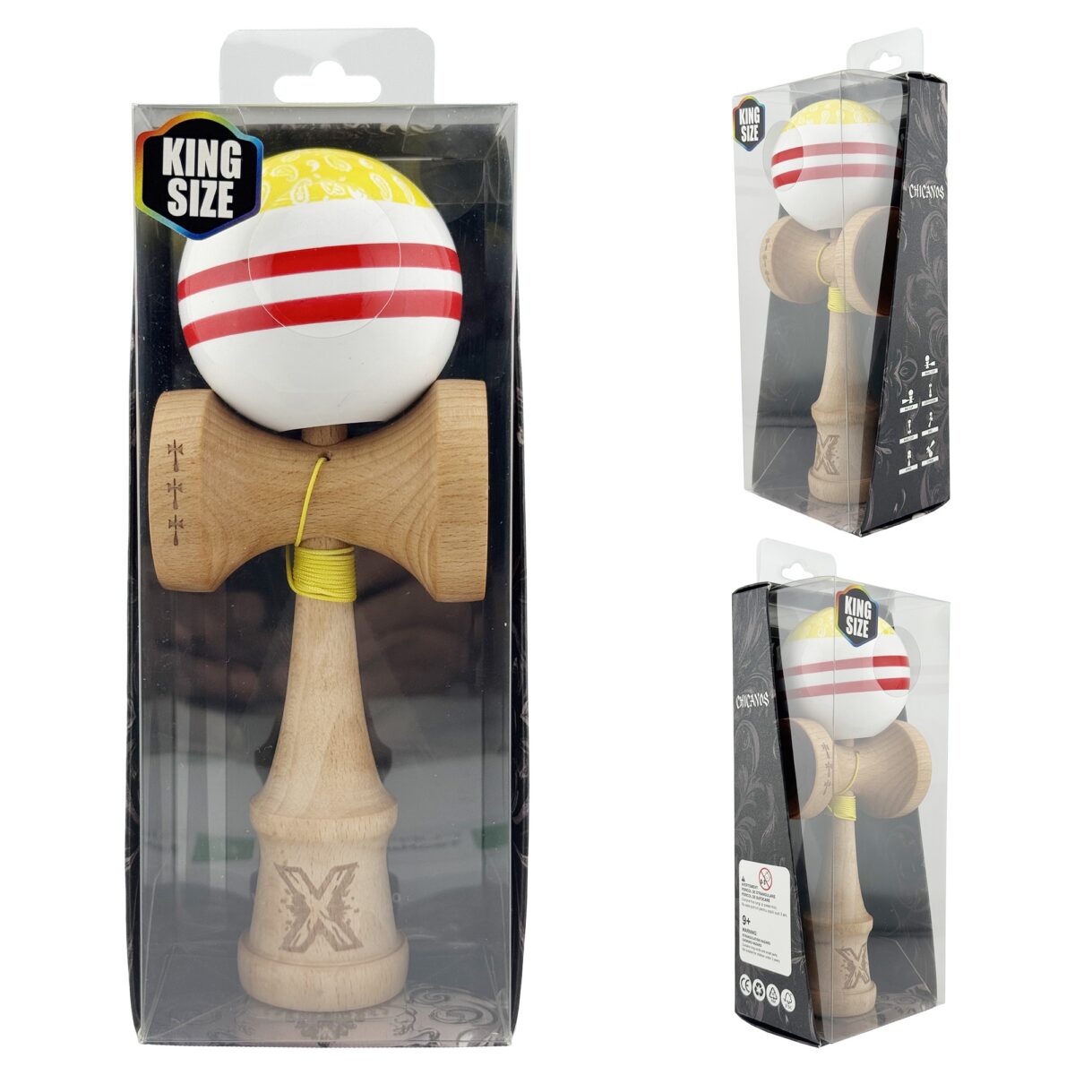 Kendama X CHICANOS Originala, Profesionala, Embo, Big Cups V2, Super Sticky cu Cupe Mari, Rulment Metalic, din lemn 18 cm, Ata 55 cm, Auriu/Alb - imagine 9