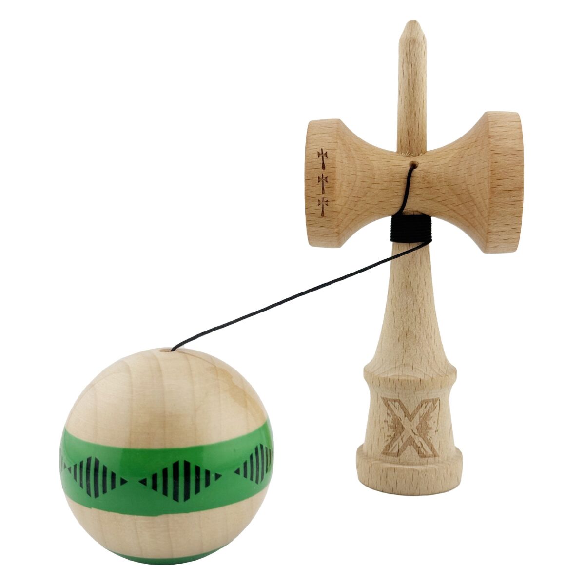 Kendama X FREQUENCY Originala, Profesionala, Embo, Big Cups V2, Super Sticky cu Cupe Mari, Rulment Metalic, din lemn 18 cm, Ata 55 cm, Verde/Maro - imagine 3