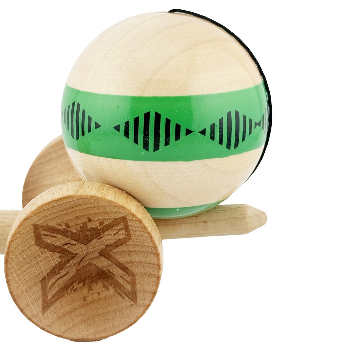 Kendama X FREQUENCY Originala, Profesionala, Embo, Big Cups V2, Super Sticky cu Cupe Mari, Rulment Metalic, din lemn 18 cm, Ata 55 cm, Verde/Maro - imagine 7