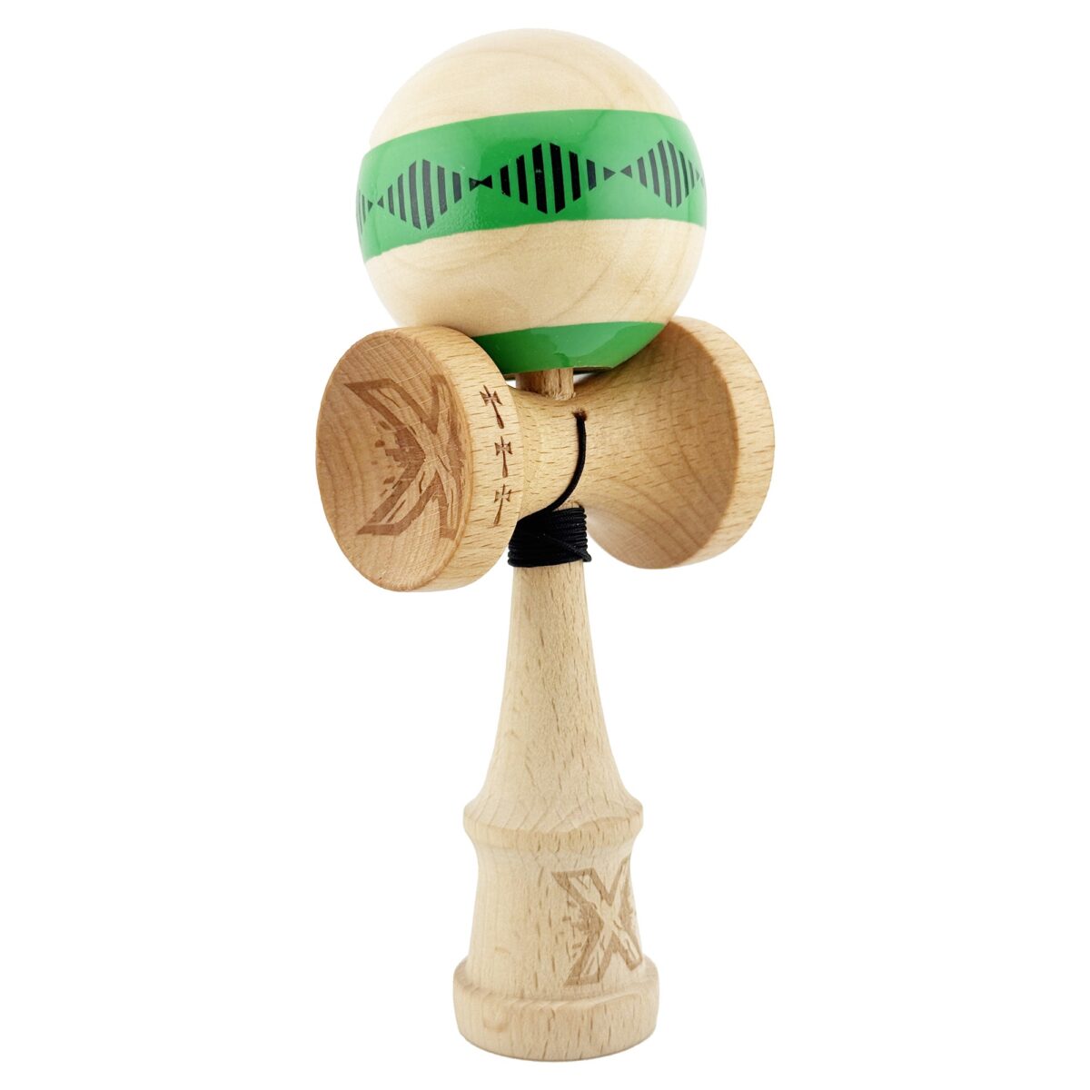 Kendama X FREQUENCY Originala, Profesionala, Embo, Big Cups V2, Super Sticky cu Cupe Mari, Rulment Metalic, din lemn 18 cm, Ata 55 cm, Verde/Maro - imagine 9