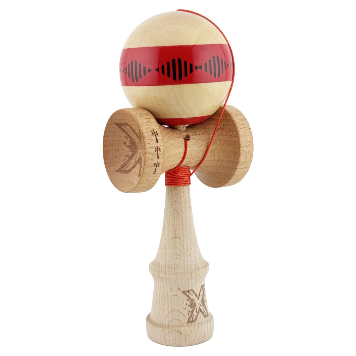 Kendama X FREQUENCY Originala, Profesionala, Embo, Big Cups V2, Super Sticky cu Cupe Mari, Rulment Metalic, din lemn 18 cm, Ata 55 cm, Rosu/Maro - imagine 2
