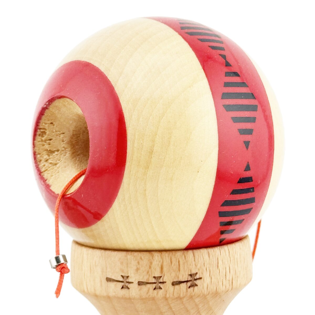 Kendama X FREQUENCY Originala, Profesionala, Embo, Big Cups V2, Super Sticky cu Cupe Mari, Rulment Metalic, din lemn 18 cm, Ata 55 cm, Rosu/Maro - imagine 6