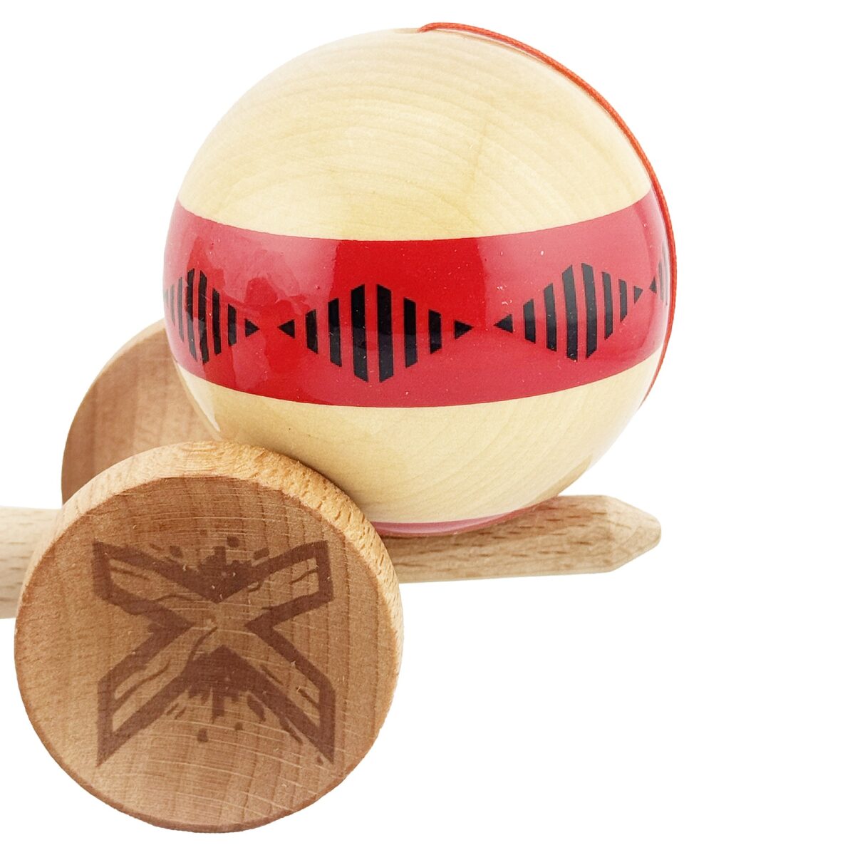 Kendama X FREQUENCY Originala, Profesionala, Embo, Big Cups V2, Super Sticky cu Cupe Mari, Rulment Metalic, din lemn 18 cm, Ata 55 cm, Rosu/Maro - imagine 8