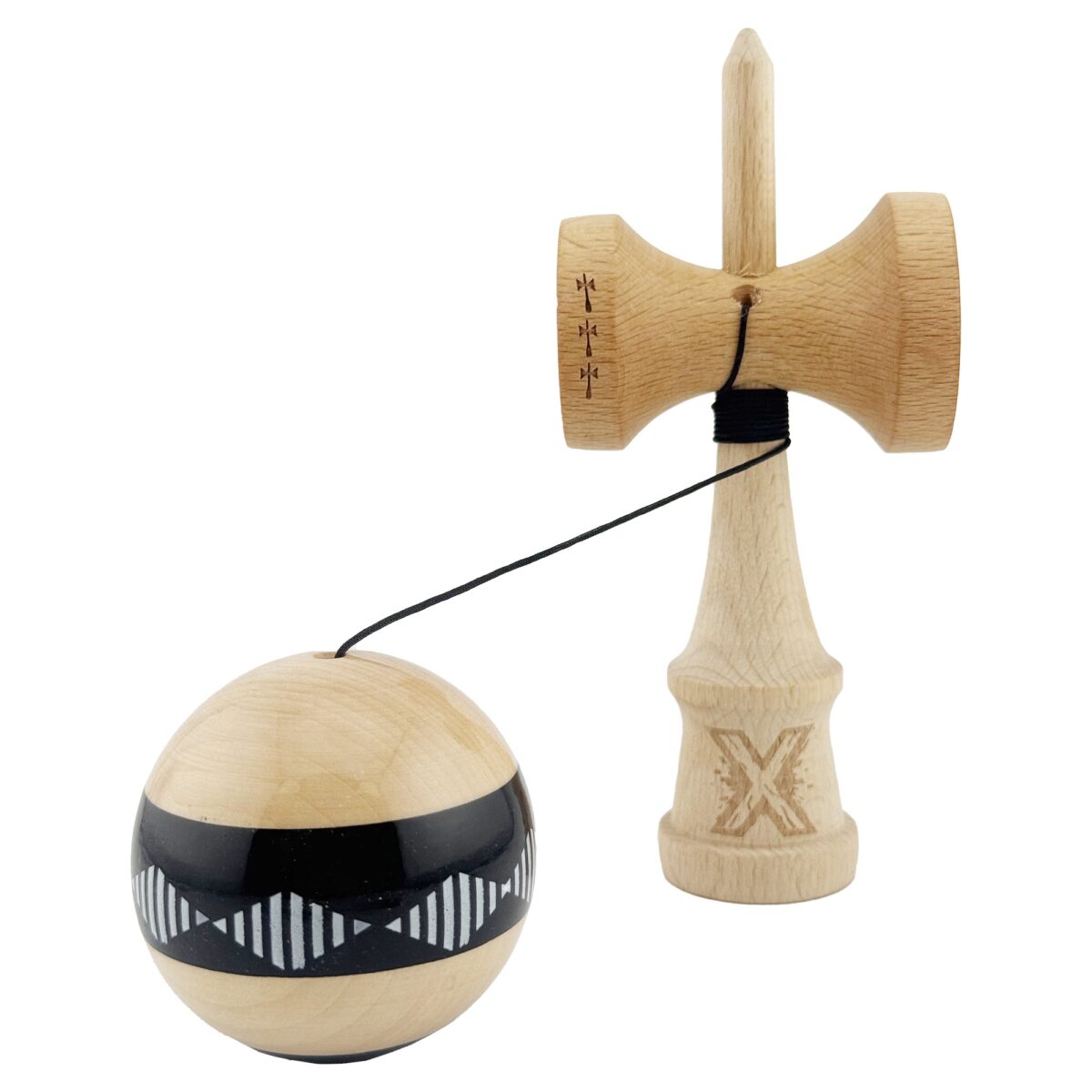 Kendama X FREQUENCY Originala, Profesionala, Embo, Big Cups V2, Super Sticky cu Cupe Mari, Rulment Metalic, din lemn 18 cm, Ata 55 cm, Negru/Maro - imagine 3