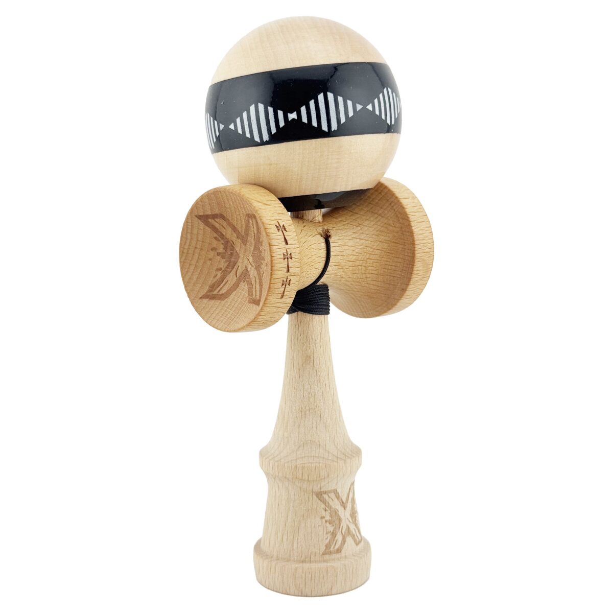 Kendama X FREQUENCY Originala, Profesionala, Embo, Big Cups V2, Super Sticky cu Cupe Mari, Rulment Metalic, din lemn 18 cm, Ata 55 cm, Negru/Maro - imagine 9