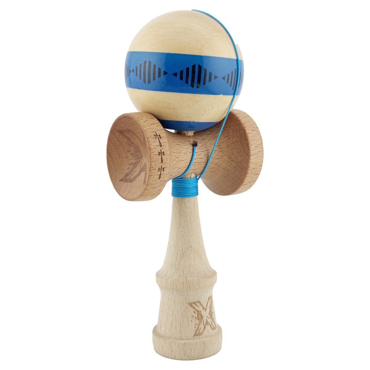Kendama X FREQUENCY Originala, Profesionala, Embo, Big Cups V2, Super Sticky cu Cupe Mari, Rulment Metalic, din lemn 18 cm, Ata 55 cm, Albastru/Maro - imagine 2
