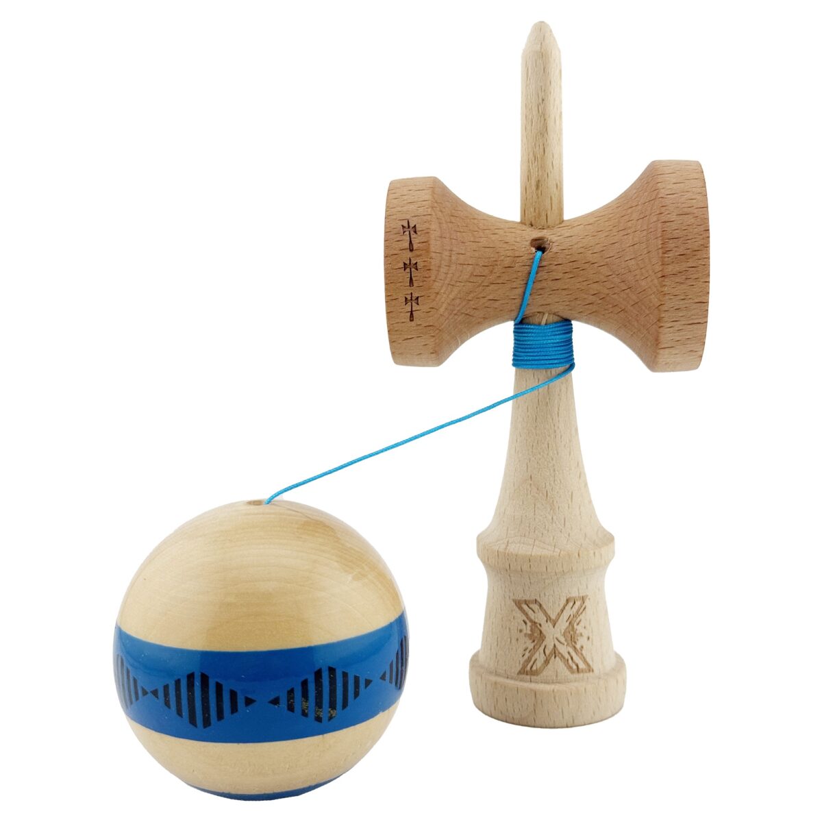 Kendama X FREQUENCY Originala, Profesionala, Embo, Big Cups V2, Super Sticky cu Cupe Mari, Rulment Metalic, din lemn 18 cm, Ata 55 cm, Albastru/Maro - imagine 3