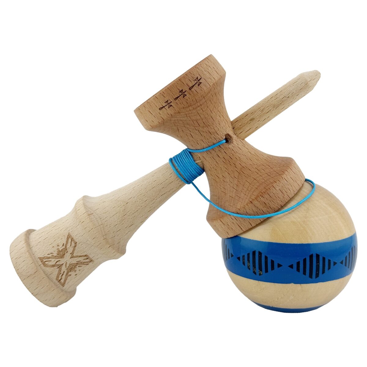 Kendama X FREQUENCY Originala, Profesionala, Embo, Big Cups V2, Super Sticky cu Cupe Mari, Rulment Metalic, din lemn 18 cm, Ata 55 cm, Albastru/Maro - imagine 4