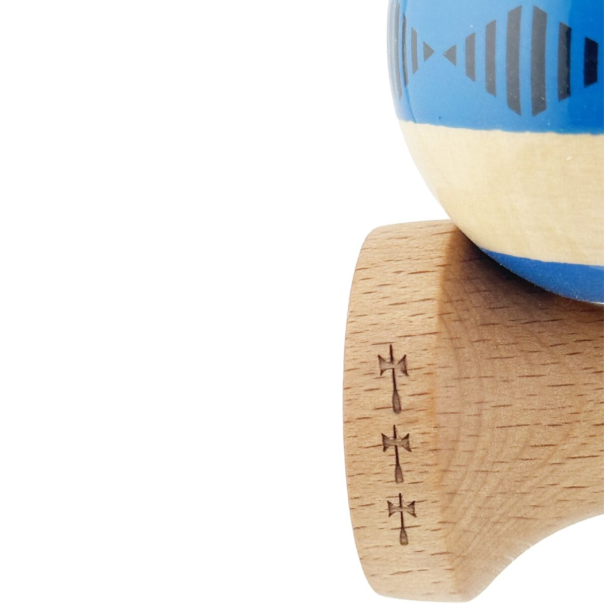 Kendama X FREQUENCY Originala, Profesionala, Embo, Big Cups V2, Super Sticky cu Cupe Mari, Rulment Metalic, din lemn 18 cm, Ata 55 cm, Albastru/Maro - imagine 6