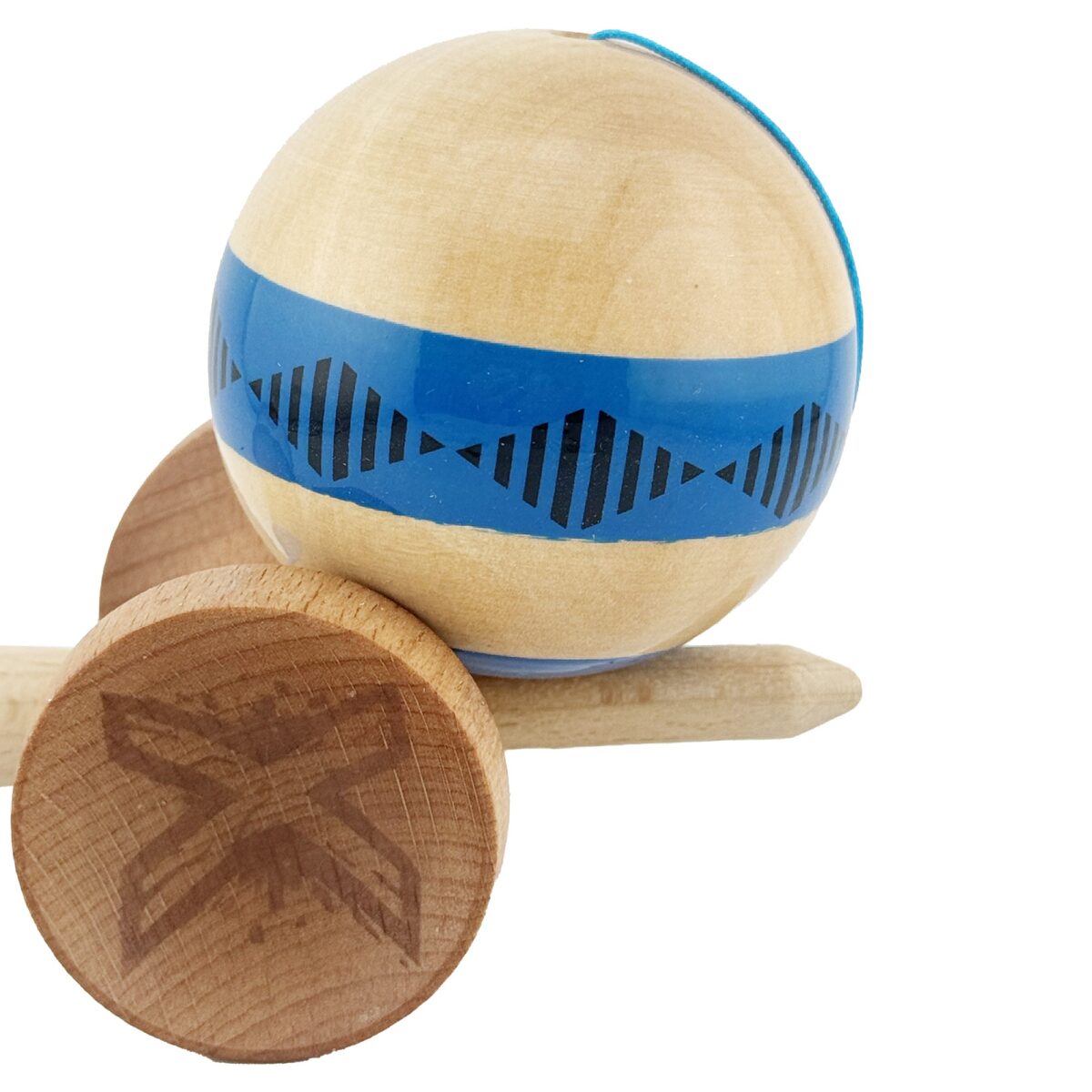 Kendama X FREQUENCY Originala, Profesionala, Embo, Big Cups V2, Super Sticky cu Cupe Mari, Rulment Metalic, din lemn 18 cm, Ata 55 cm, Albastru/Maro - imagine 7
