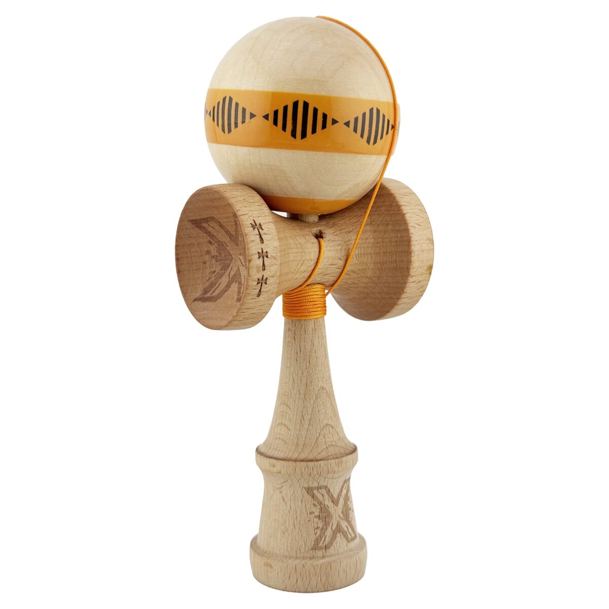 Kendama X FREQUENCY Originala, Profesionala, Embo, Big Cups V2, Super Sticky cu Cupe Mari, Rulment Metalic, din lemn 18 cm, Ata 55 cm, Portocaliu/Maro - imagine 2