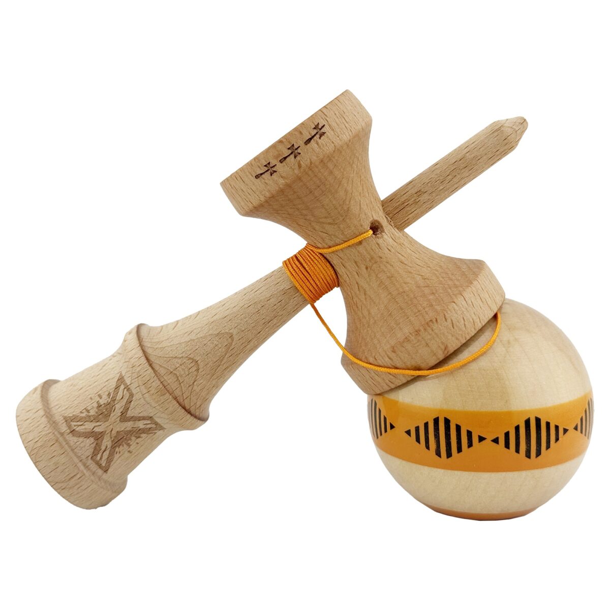 Kendama X FREQUENCY Originala, Profesionala, Embo, Big Cups V2, Super Sticky cu Cupe Mari, Rulment Metalic, din lemn 18 cm, Ata 55 cm, Portocaliu/Maro - imagine 4