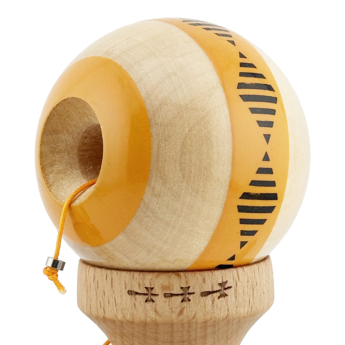 Kendama X FREQUENCY Originala, Profesionala, Embo, Big Cups V2, Super Sticky cu Cupe Mari, Rulment Metalic, din lemn 18 cm, Ata 55 cm, Portocaliu/Maro - imagine 5