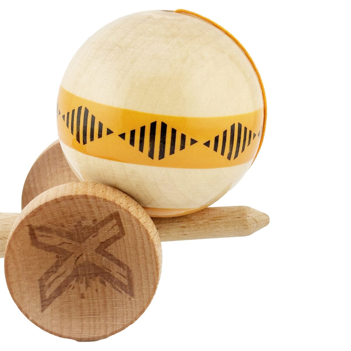 Kendama X FREQUENCY Originala, Profesionala, Embo, Big Cups V2, Super Sticky cu Cupe Mari, Rulment Metalic, din lemn 18 cm, Ata 55 cm, Portocaliu/Maro - imagine 7