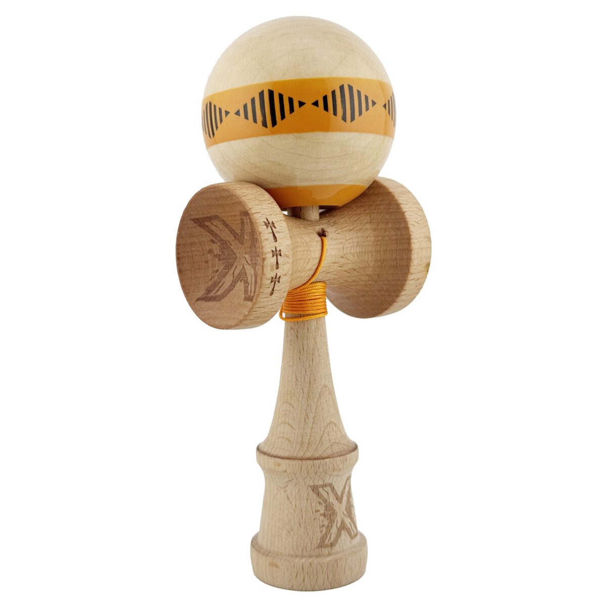 Kendama X FREQUENCY Originala, Profesionala, Embo, Big Cups V2, Super Sticky cu Cupe Mari, Rulment Metalic, din lemn 18 cm, Ata 55 cm, Portocaliu/Maro - imagine 9