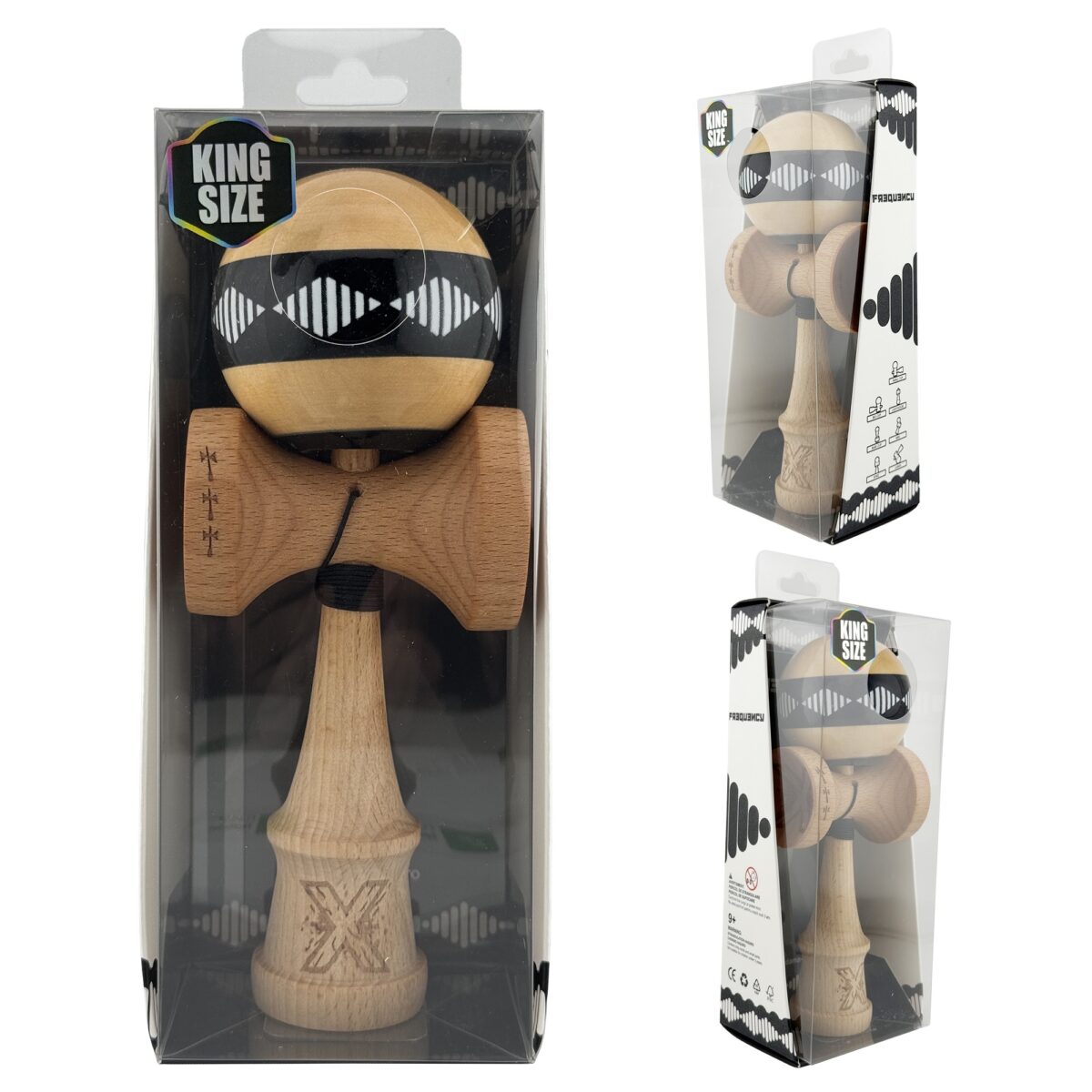 Kendama X FREQUENCY Originala, Profesionala, Embo, Big Cups V2, Super Sticky cu Cupe Mari, Rulment Metalic, din lemn 18 cm, Ata 55 cm, Negru/Maro - imagine 10