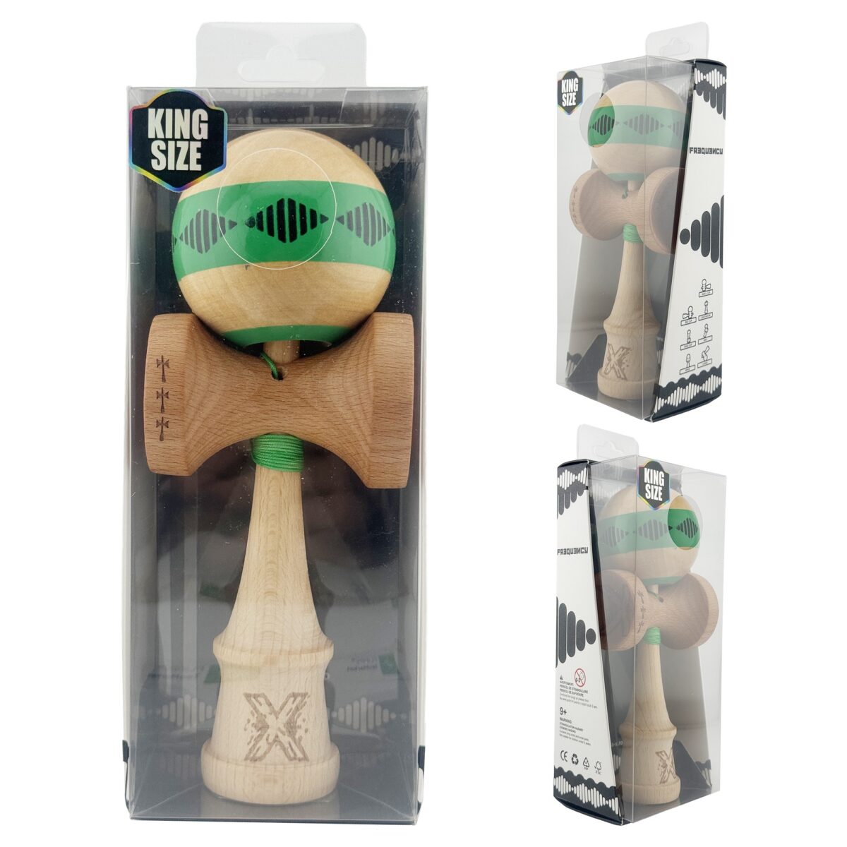 Kendama X FREQUENCY Originala, Profesionala, Embo, Big Cups V2, Super Sticky cu Cupe Mari, Rulment Metalic, din lemn 18 cm, Ata 55 cm, Verde/Maro - imagine 10