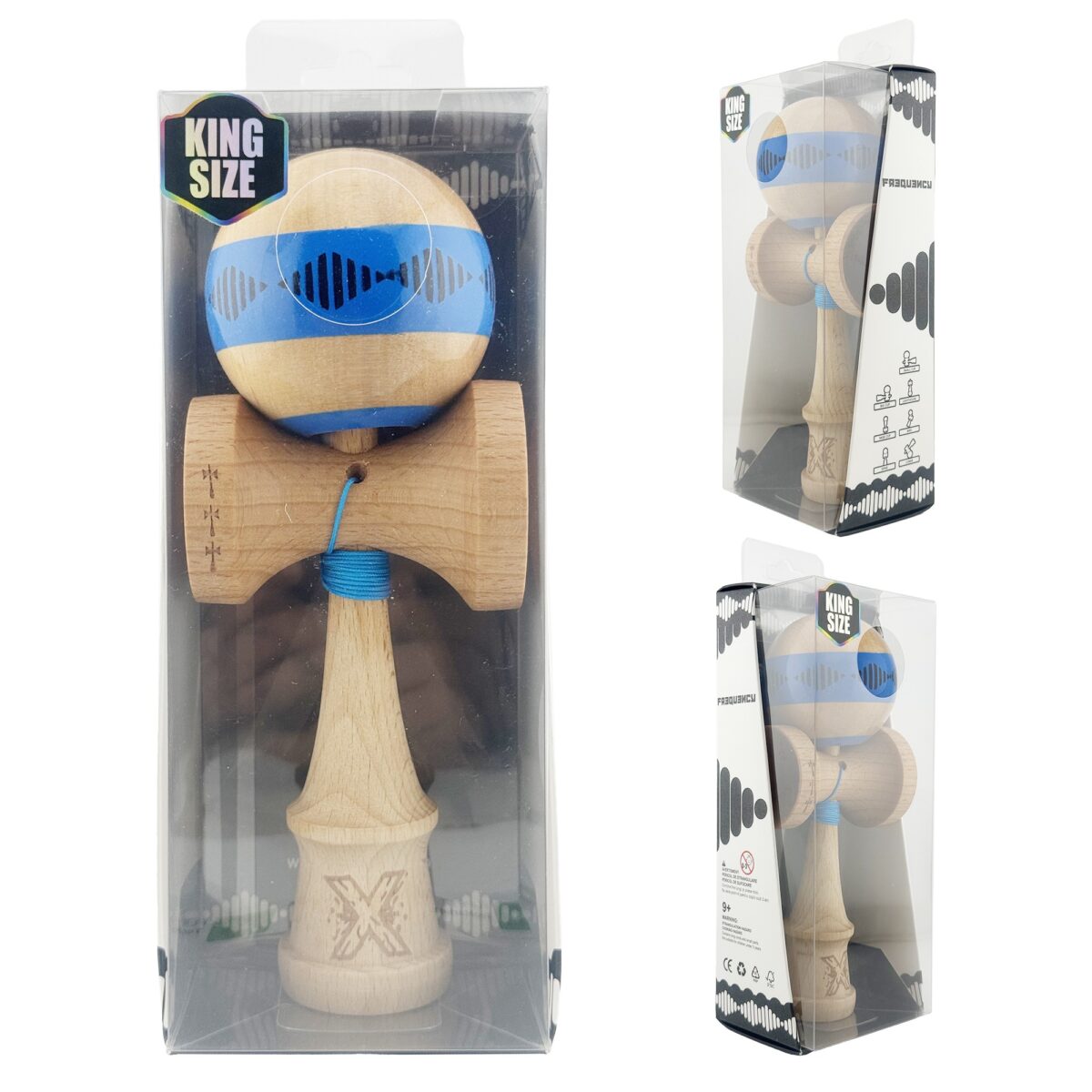Kendama X FREQUENCY Originala, Profesionala, Embo, Big Cups V2, Super Sticky cu Cupe Mari, Rulment Metalic, din lemn 18 cm, Ata 55 cm, Albastru/Maro - imagine 10