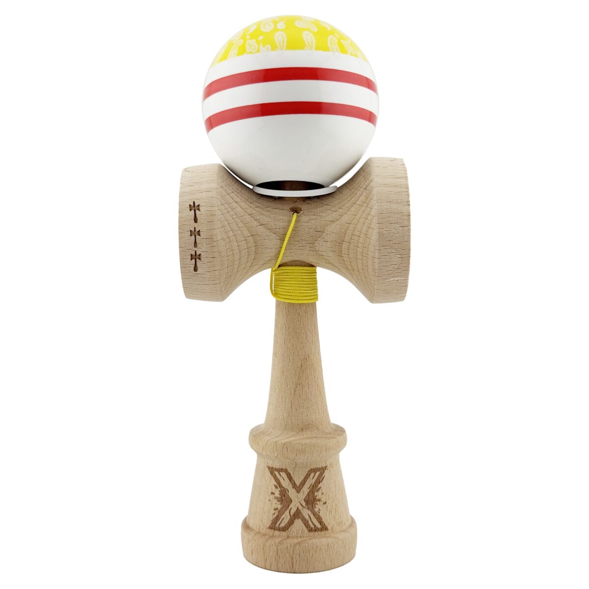 Kendama X Originala CHICANOS, Profesionala, Embo, Cupe Mari KING SIZE V3, Super Sticky, Gaura in Baza, Rulment Metalic, din lemn 18 cm, Ata 55 cm, Galben/Alb - imagine 2