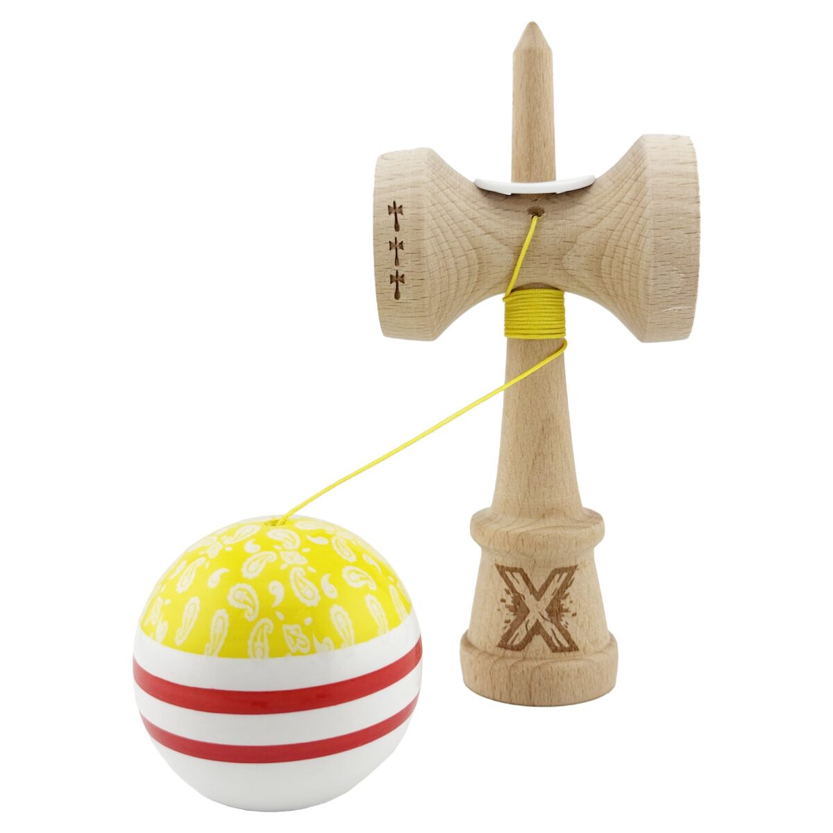 Kendama X Originala CHICANOS, Profesionala, Embo, Cupe Mari KING SIZE V3, Super Sticky, Gaura in Baza, Rulment Metalic, din lemn 18 cm, Ata 55 cm, Galben/Alb - imagine 4
