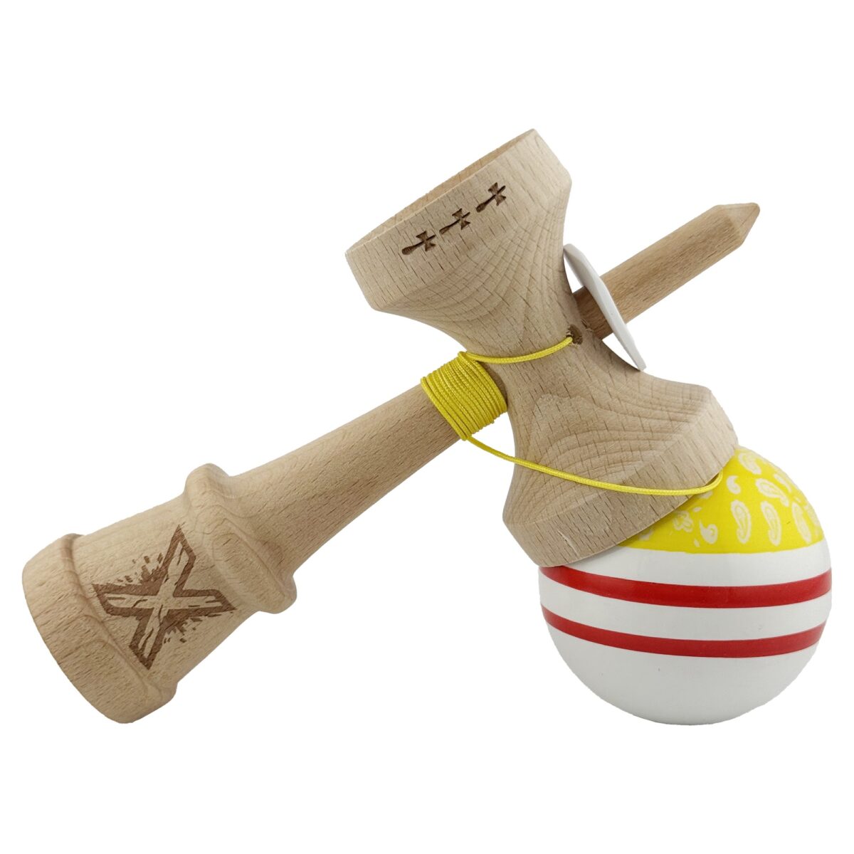 Kendama X Originala CHICANOS, Profesionala, Embo, Cupe Mari KING SIZE V3, Super Sticky, Gaura in Baza, Rulment Metalic, din lemn 18 cm, Ata 55 cm, Galben/Alb - imagine 5