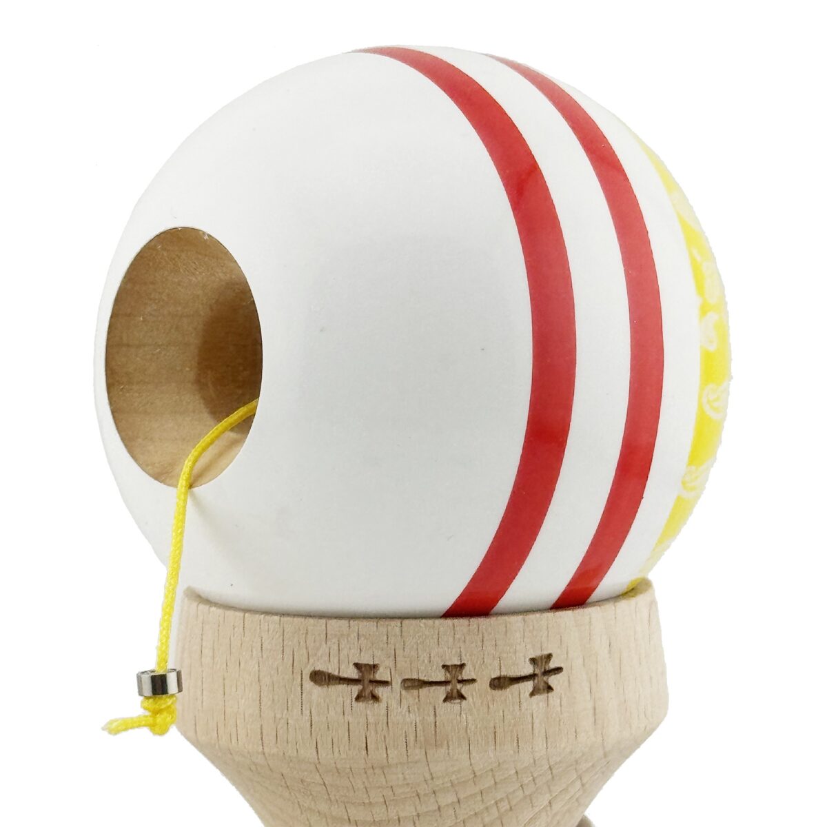 Kendama X Originala CHICANOS, Profesionala, Embo, Cupe Mari KING SIZE V3, Super Sticky, Gaura in Baza, Rulment Metalic, din lemn 18 cm, Ata 55 cm, Galben/Alb - imagine 6