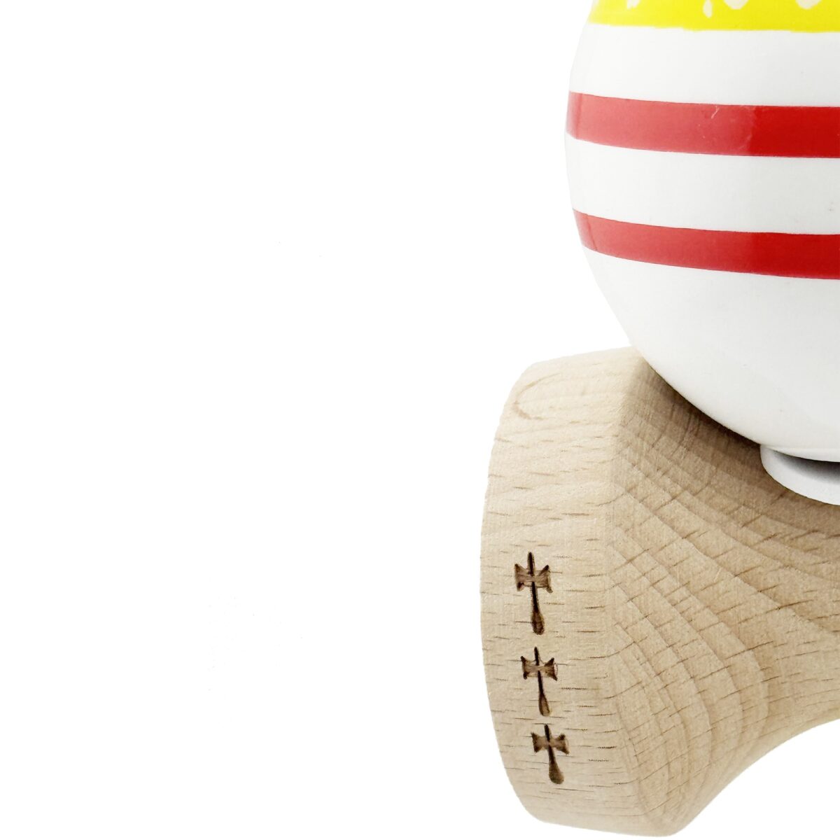 Kendama X Originala CHICANOS, Profesionala, Embo, Cupe Mari KING SIZE V3, Super Sticky, Gaura in Baza, Rulment Metalic, din lemn 18 cm, Ata 55 cm, Galben/Alb - imagine 7