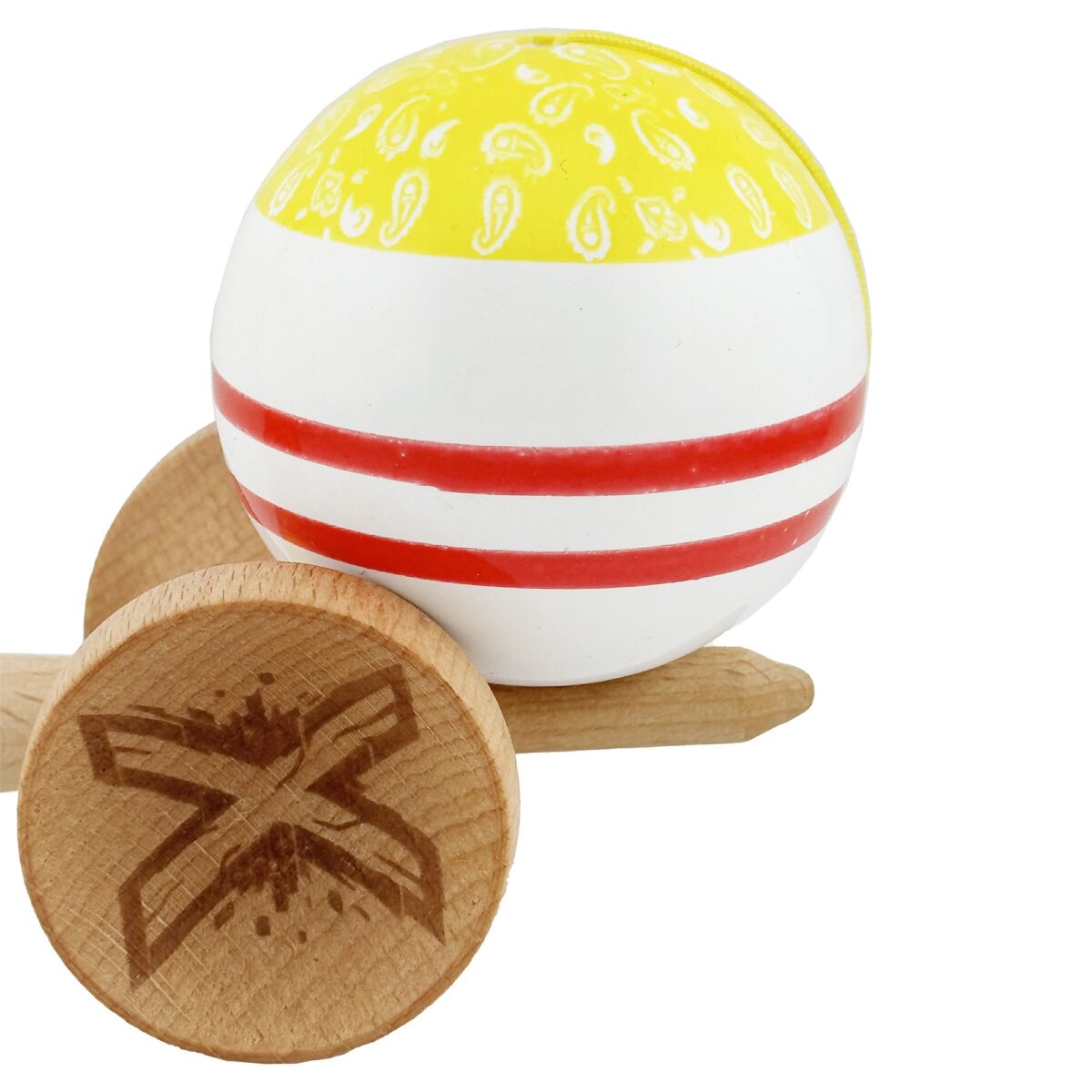 Kendama X Originala CHICANOS, Profesionala, Embo, Cupe Mari KING SIZE V3, Super Sticky, Gaura in Baza, Rulment Metalic, din lemn 18 cm, Ata 55 cm, Galben/Alb - imagine 8