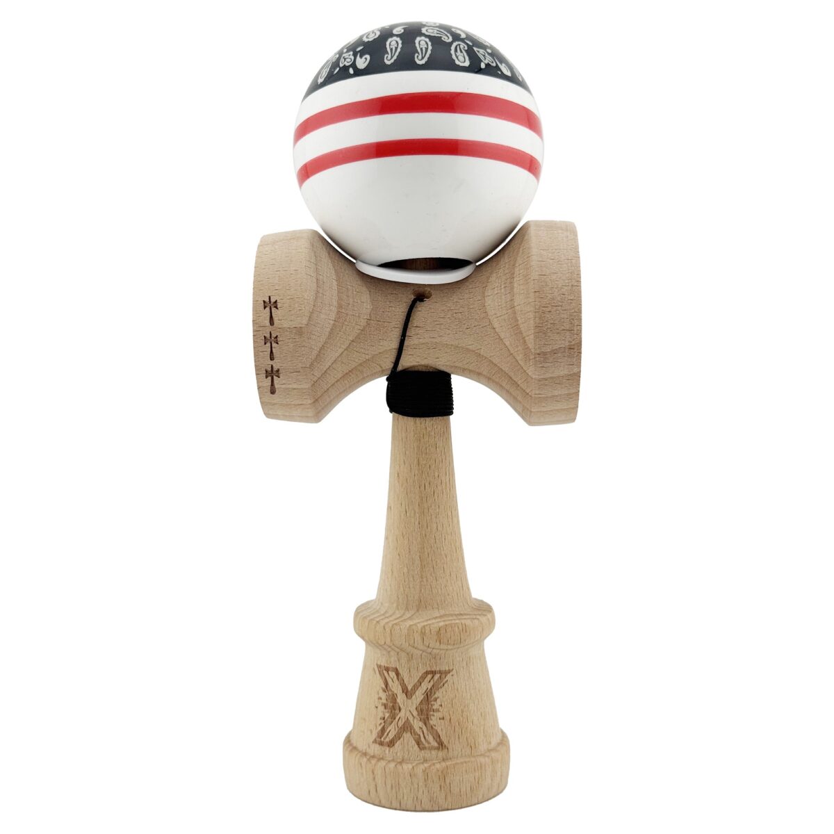 Kendama X Originala CHICANOS, Profesionala, Embo, Cupe Mari KING SIZE V3, Super Sticky, Gaura in Baza, Rulment Metalic, din lemn 18 cm, Ata 55 cm, Negru/Alb - imagine 2